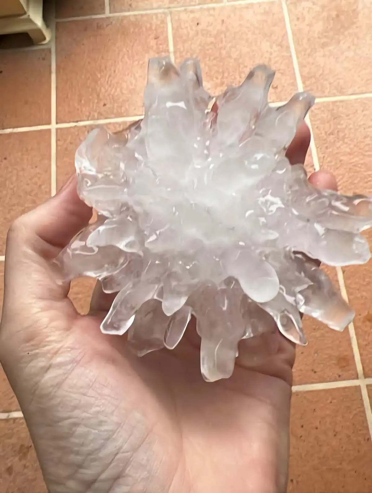 A person holds a large, intricate, translucent ice crystal shaped like a flower or snowflake in their open palm, set against…