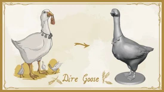 Six panels show a white goose transforming into a grey, stylized goose figurine, with the text 'Dire Goose' beneath each…