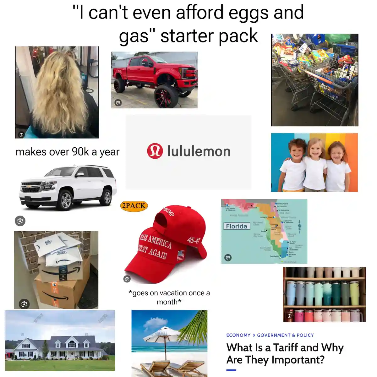 A collage of images including a person with long hair, a red lifted truck, overflowing shopping carts, a Lululemon logo…