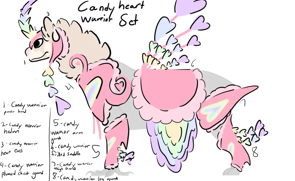 A whimsical, hand-drawn illustration of a stylized, fluffy creature resembling a pony or dragon, adorned in a full set of…
