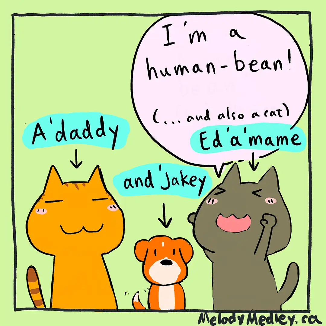 A cartoon illustration shows three anthropomorphic animals: an orange cat labeled 'A'daddy', a small orange dog labeled 'and…