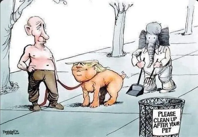 A cartoon depicts a bald man in pants walking a small, pink, dog-like creature with blonde hair resembling a political…