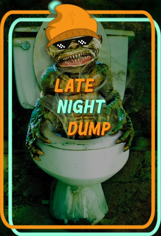 A grotesque, green-skinned monster with sharp teeth, wearing an orange beanie and pixelated sunglasses, sits inside a dirty…