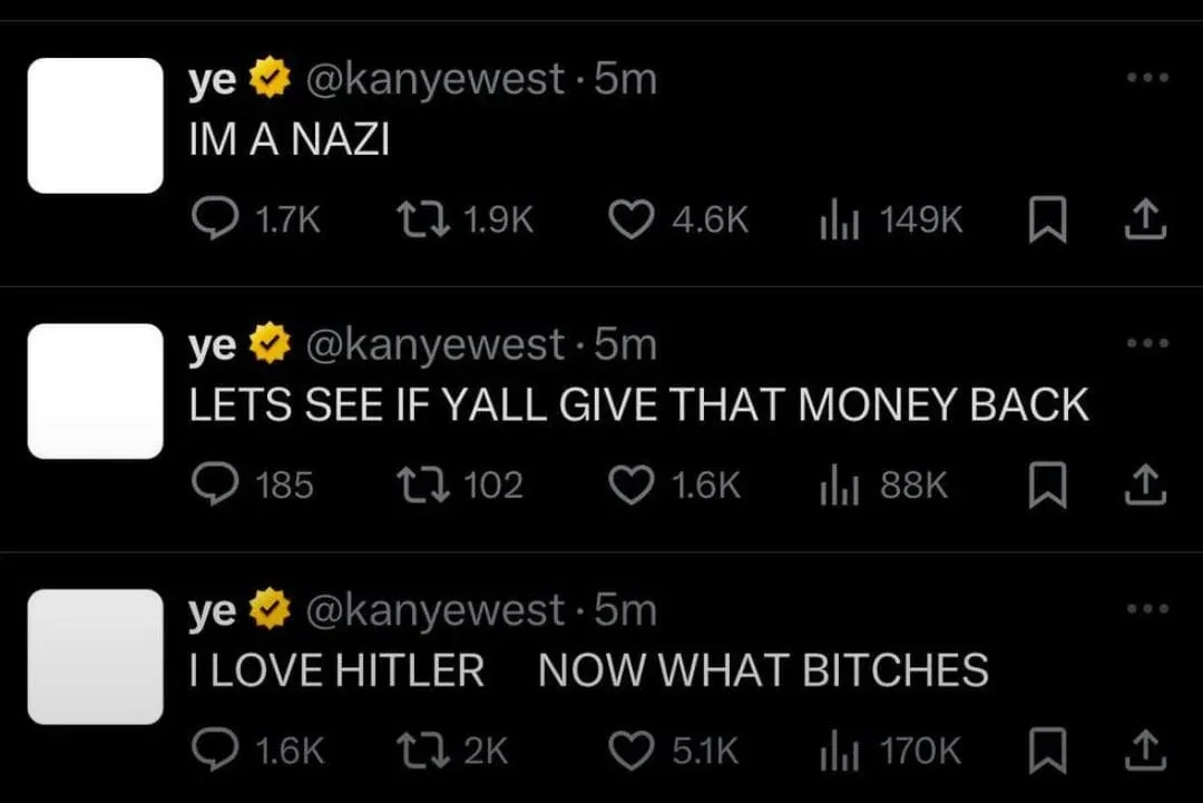 A screenshot of three consecutive tweets from Kanye West's Twitter account, each with a white profile picture and bold white…