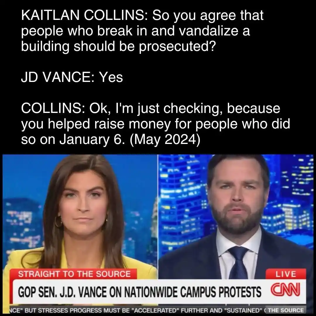 A split-screen CNN news segment shows Kaitlan Collins and JD Vance. Text overlays depict a conversation where Collins asks…