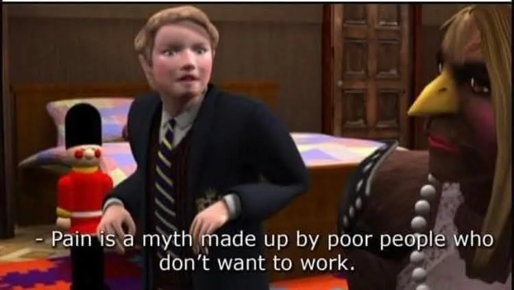 A still from the animated movie 'The Nut Job' shows a young boy in a school uniform looking surprised, standing next to a…