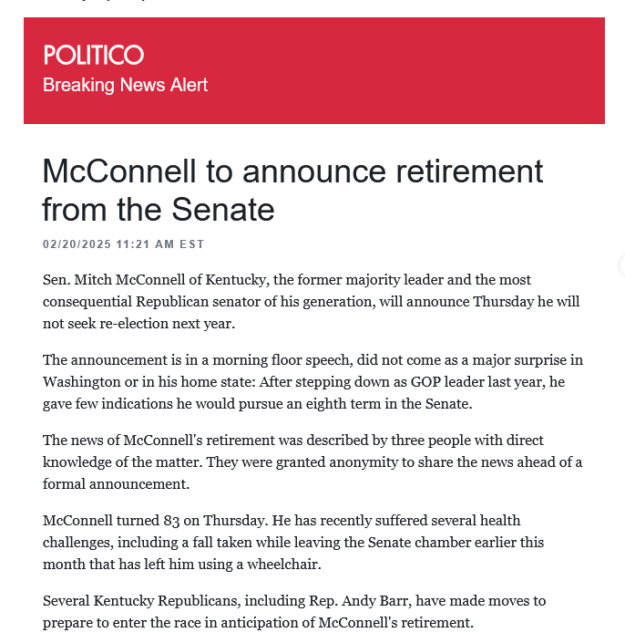 A screenshot of a Politico news article with a red header reading 'POLITICO Breaking News Alert'. The headline announces…