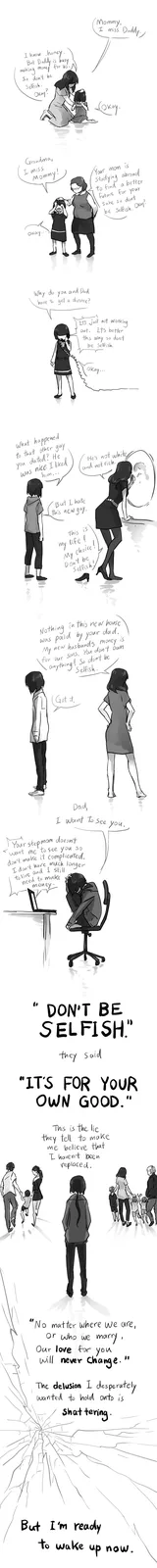 A black-and-white comic strip depicts a young girl repeatedly told 'don't be selfish' by various adults—her mother…