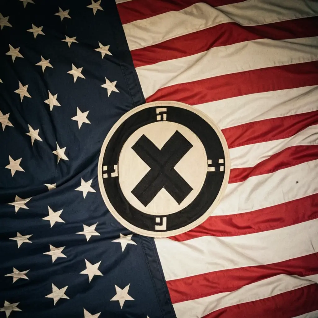 A close-up of a wrinkled American flag with a circular patch featuring a black 'X' symbol and four small black squares at…