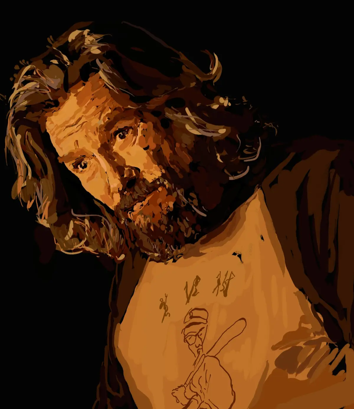 A stylized, painterly portrait of a man with long, messy hair and a beard, looking downward with a weary expression. He…