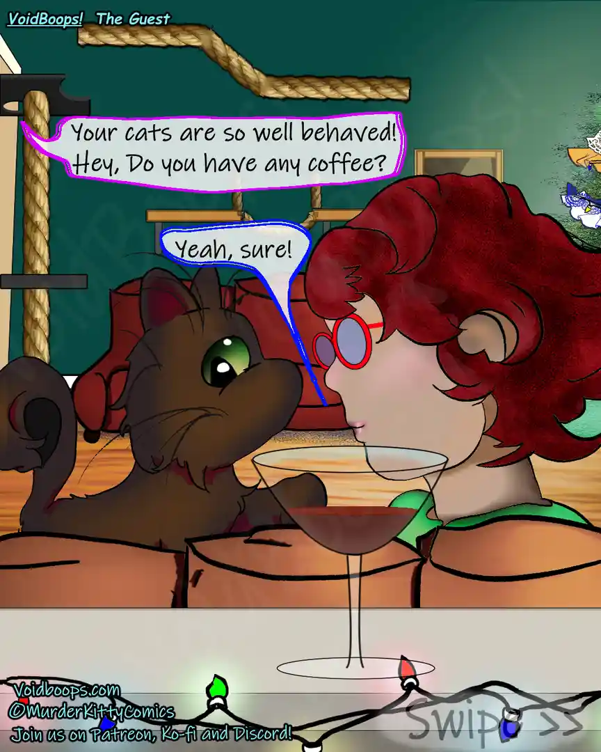 A cartoon cat with green eyes and a brown coat sits beside a human with red hair and red glasses, both seated on a couch…
