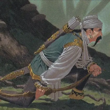 A man in historical attire with a turban, bow, and quiver is crouched low, appearing to be resting or hiding. The overlaid…
