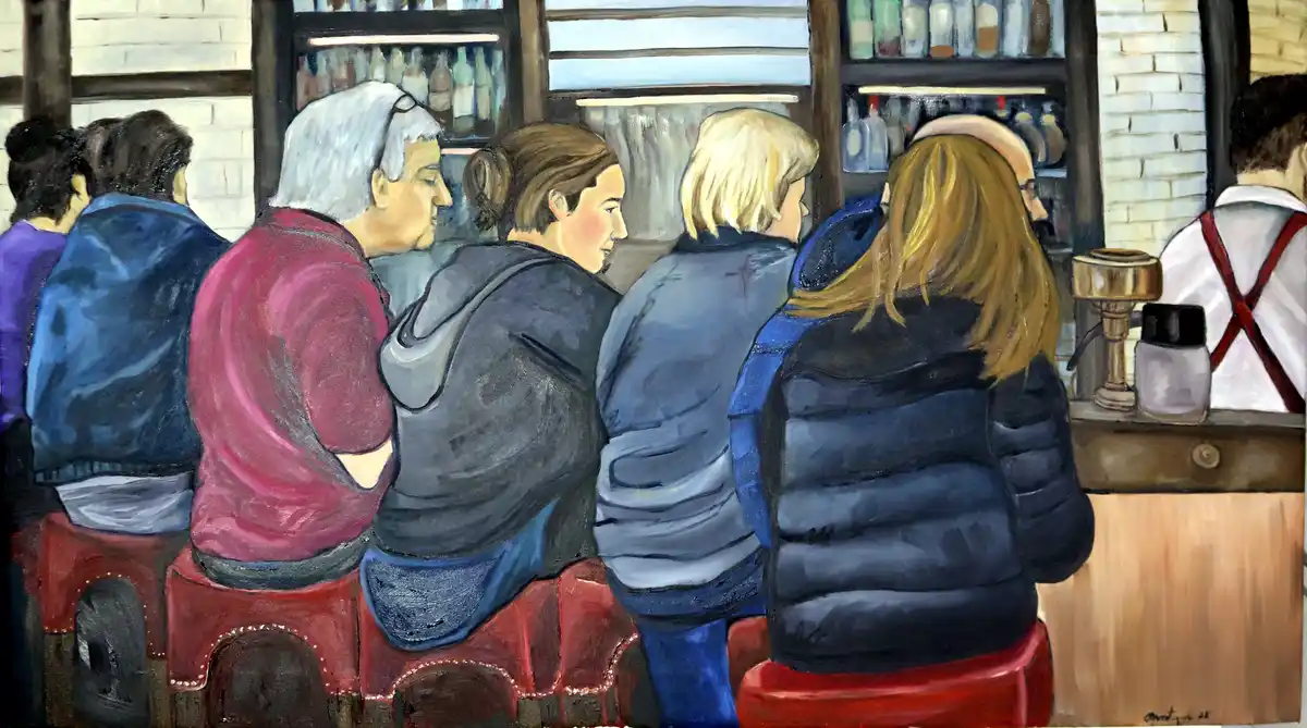 A painting depicts several people sitting on red stools at a bar, viewed from behind, with shelves of bottles visible in the…