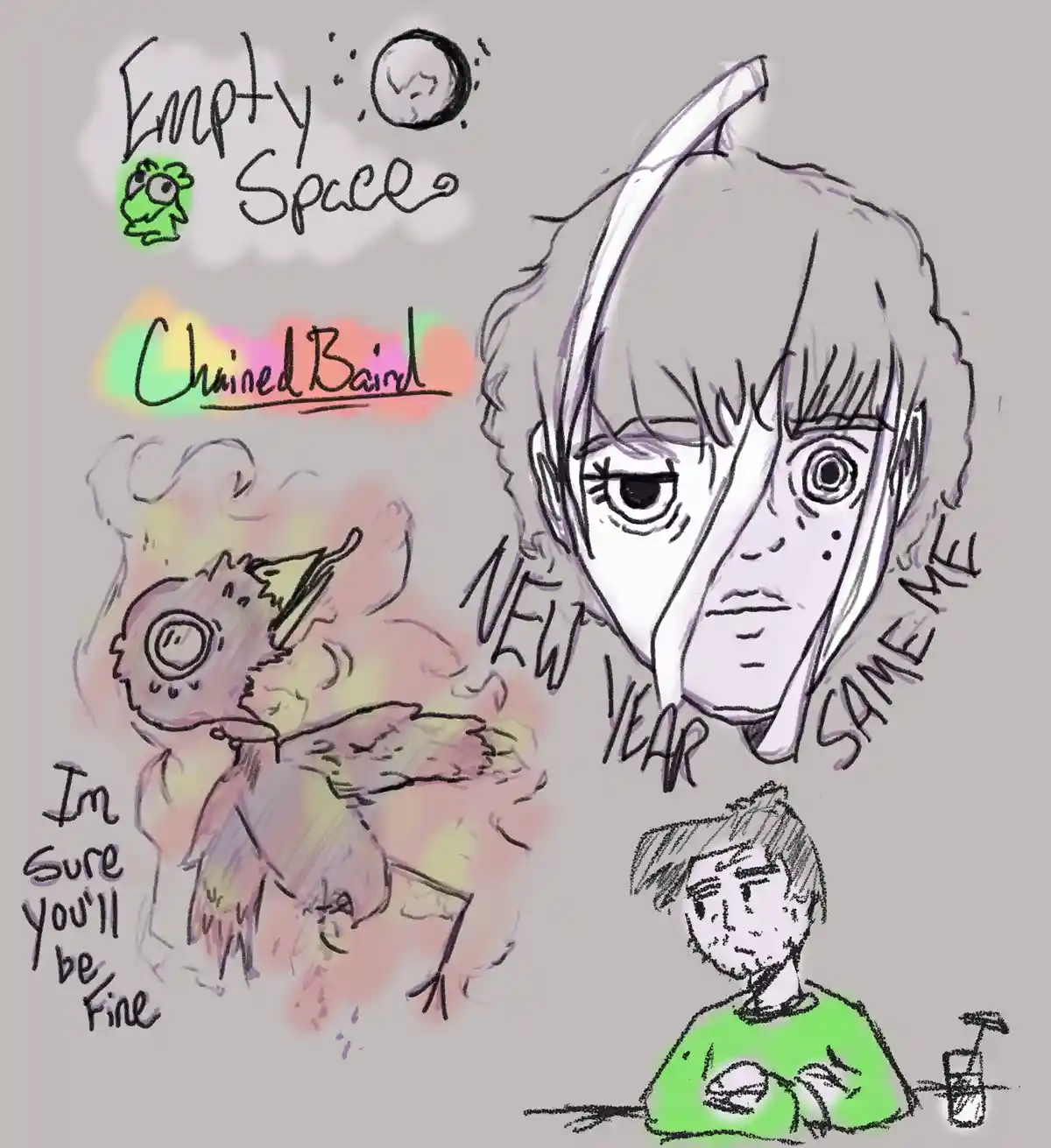 A hand-drawn sketch shows a large, distressed anime-style character with text 'NEW YEAR SAME ME' around their head. To the…