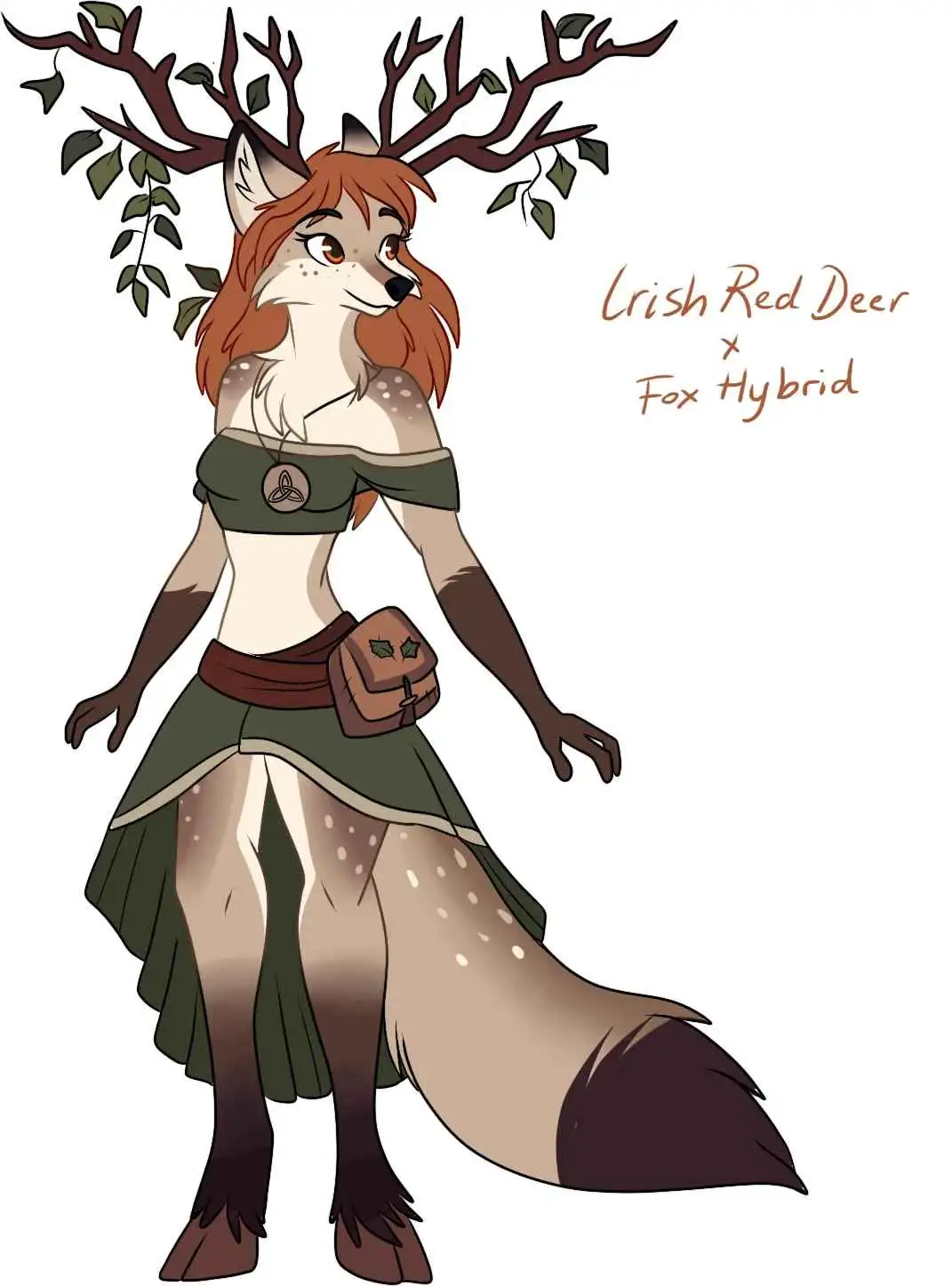 A stylized anthropomorphic female character with fox-like features and deer antlers adorned with leaves, wearing a green…
