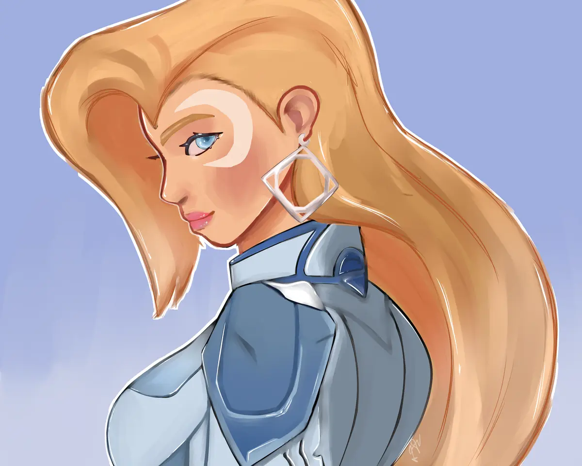 A digital illustration shows a woman with long blonde hair, blue eyes, and a confident expression, wearing a blue outfit and…