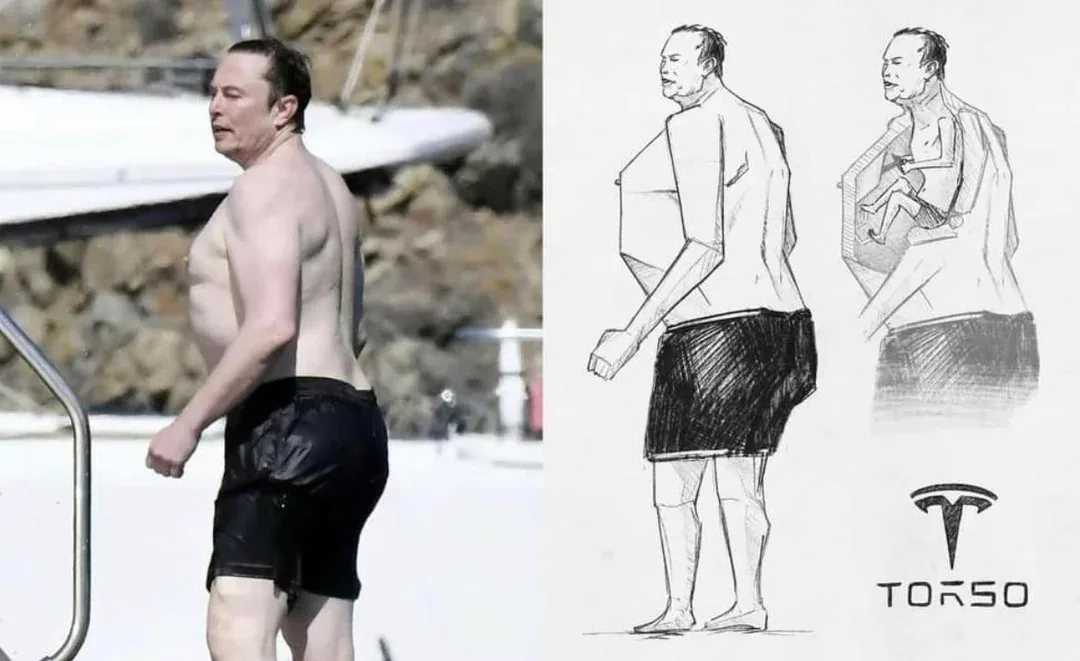The image is split: on the left, a shirtless man with a noticeably rounded belly walks on a boat deck; on the right, two…