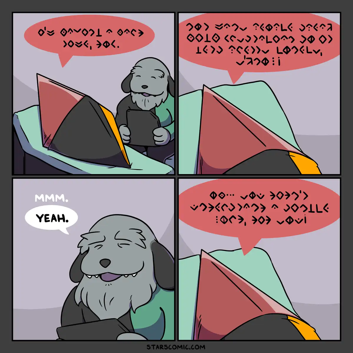A four-panel comic strip featuring a gray, bearded dog character in bed, using a tablet. The dog speaks in gibberish symbols…