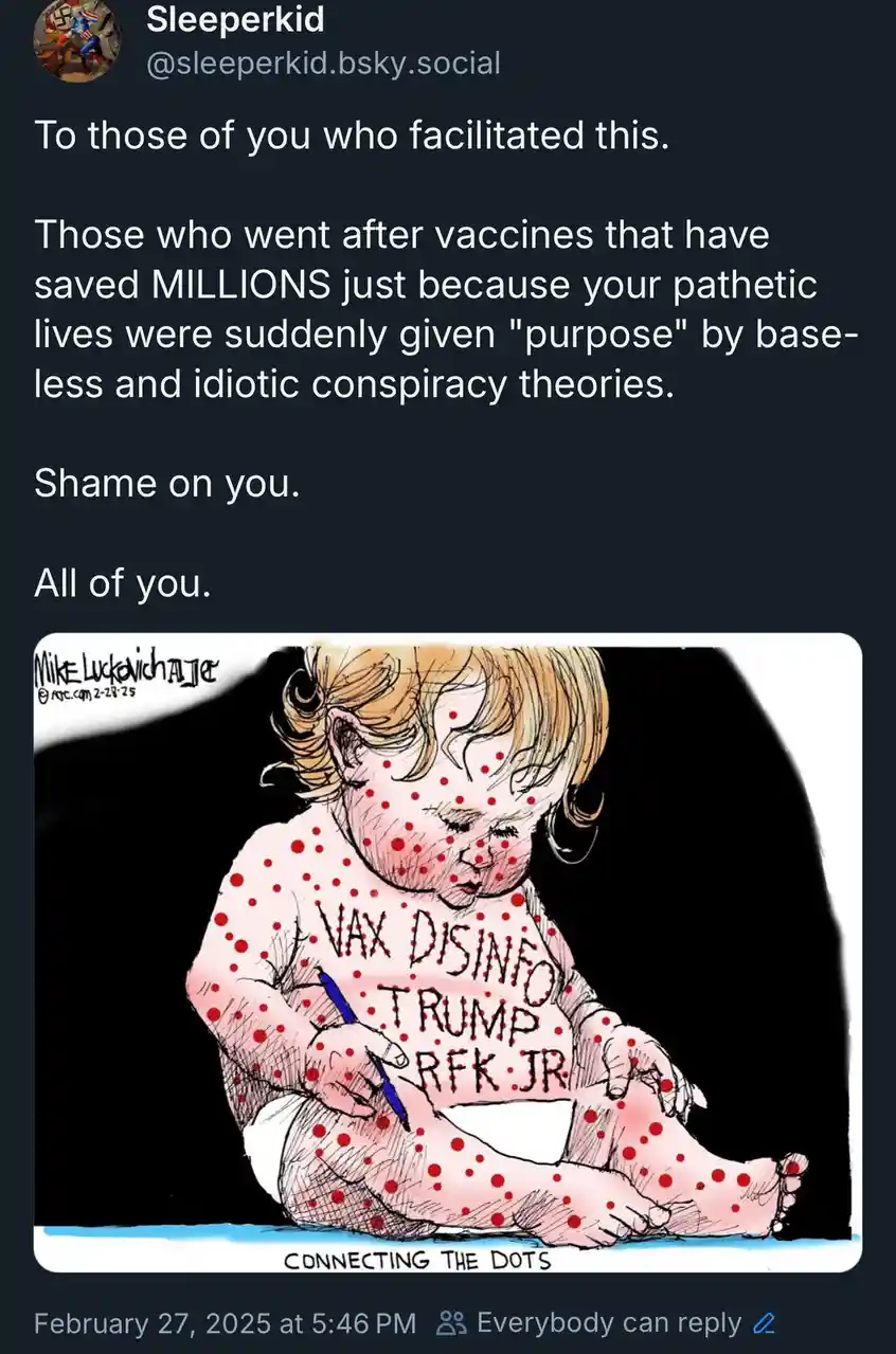 A cartoon depicts a child covered in red dots, drawing lines between them to form the words 'VAX DISINFO TRUMP RFK JR' on…
