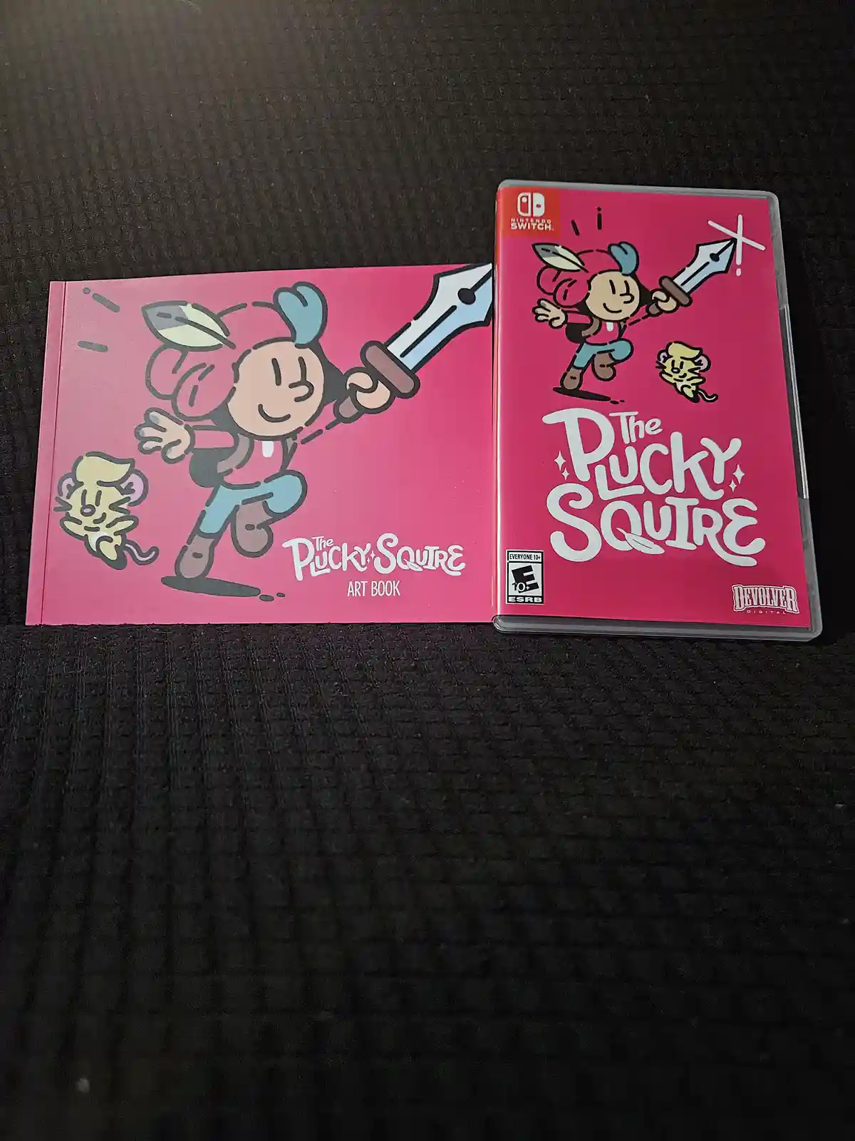 A pink Nintendo Switch game case and an art book for 'The Pucky Squire' are placed side by side on a dark textured surface…