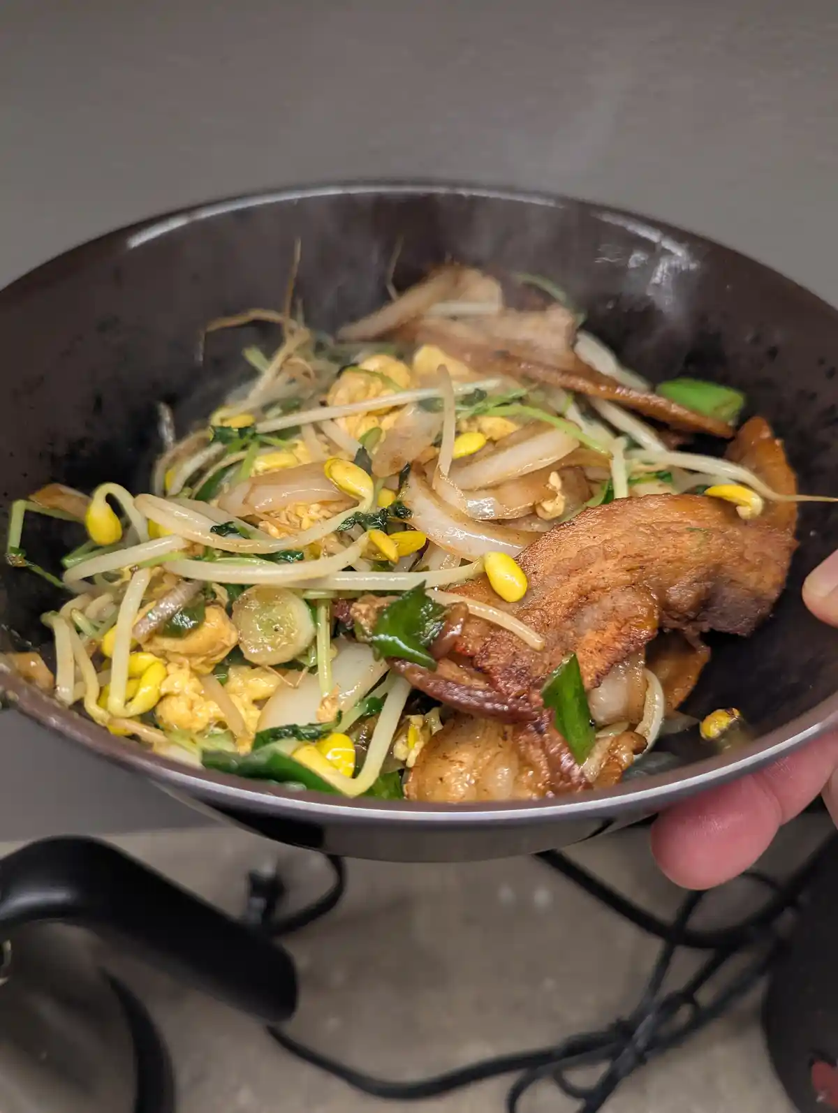 A close-up photo shows a hand holding a dark, speckled wok filled with steaming stir-fry ingredients including bean sprouts…
