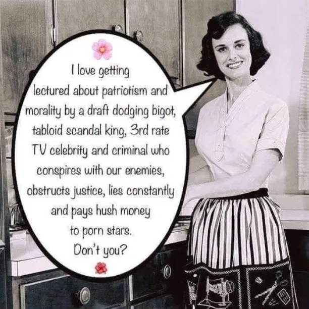 A black-and-white photo of a smiling woman in a 1950s-style apron standing in a kitchen, with a large speech bubble overlaid…