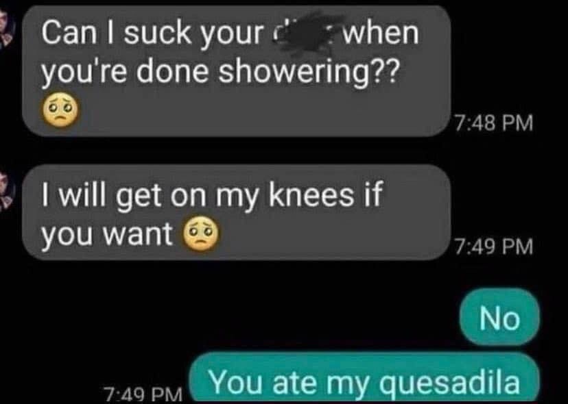 A screenshot of a text conversation shows a suggestive message asking for oral sex after showering, followed by a reply…