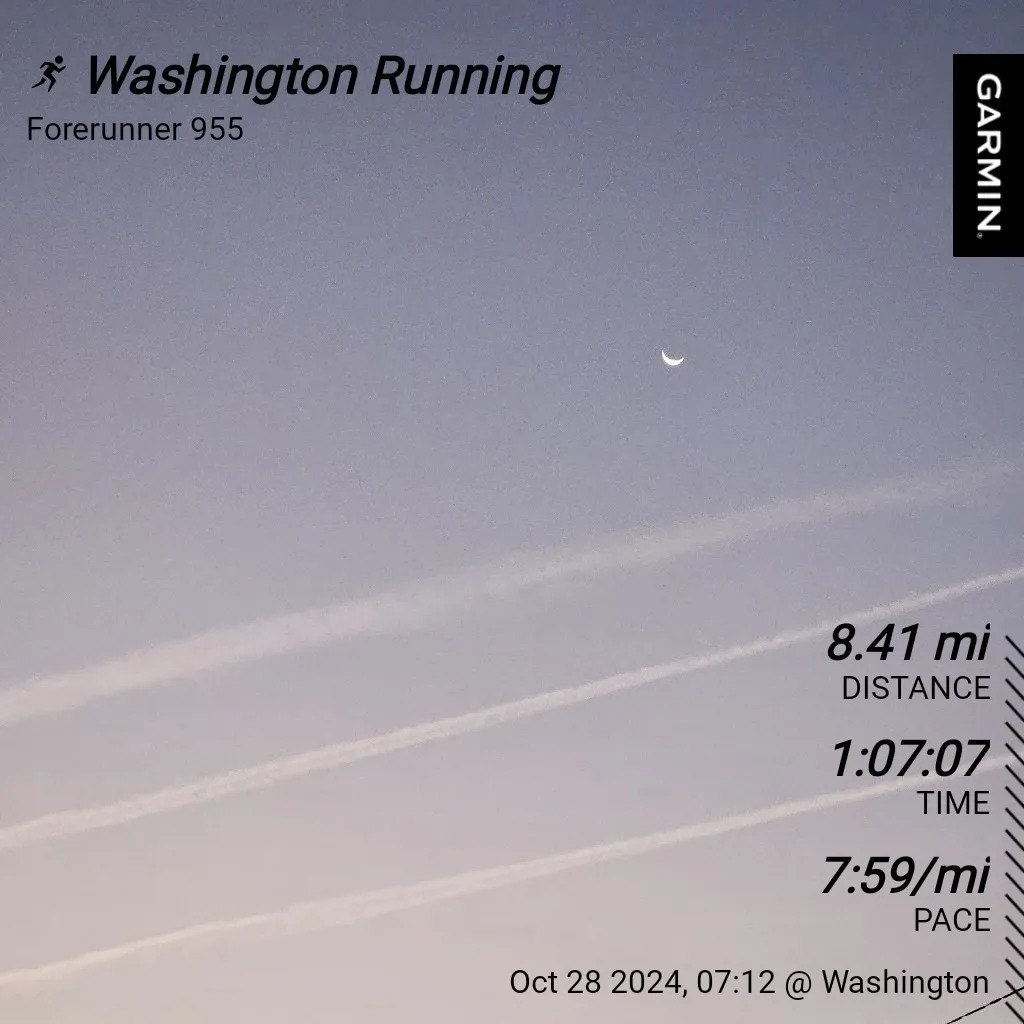 A Garmin Forerunner 955 running watch screenshot showing a 8.41-mile run completed in 1 hour 7 minutes 7 seconds at a 7:59…