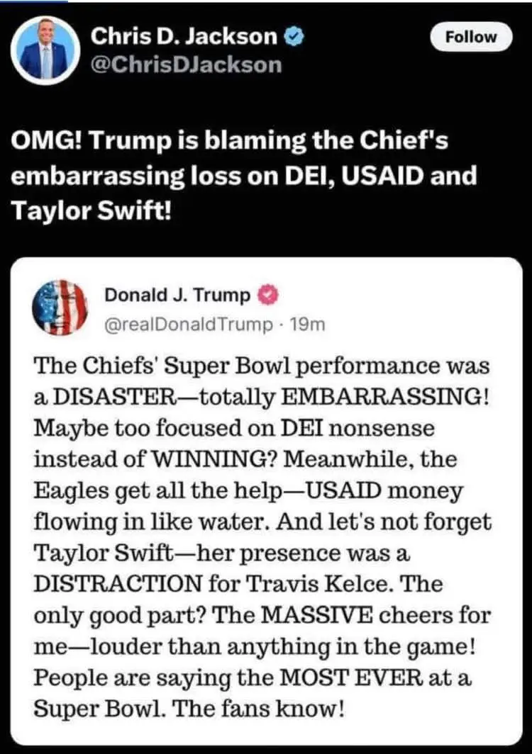 A screenshot of a tweet from Chris D. Jackson showing a reply from Donald J. Trump. Trump's tweet criticizes the Chiefs'…