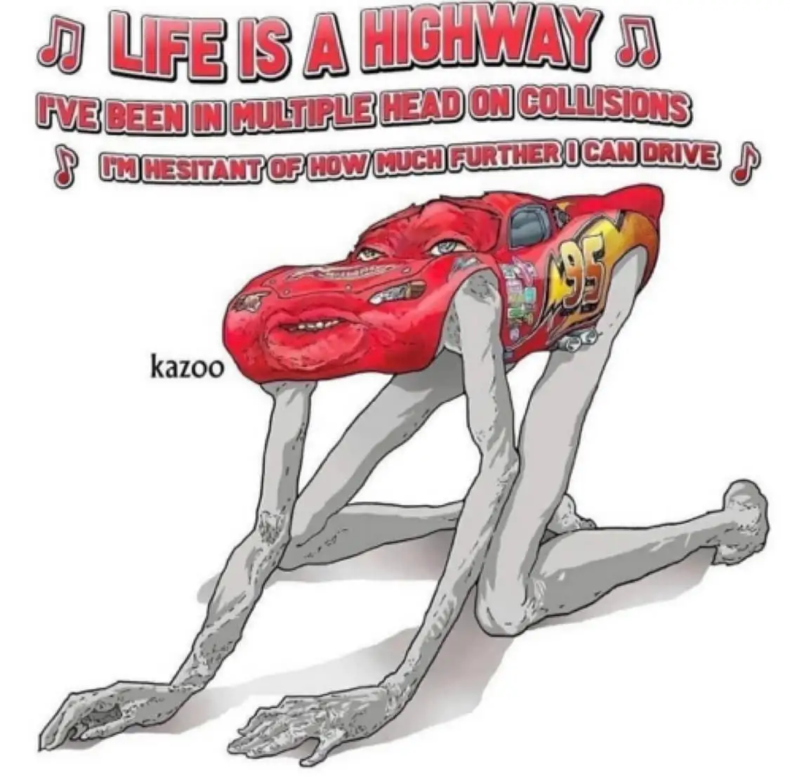 A cartoon image shows a red Lightning McQueen race car with a human-like face, but instead of wheels, it has long, thin…