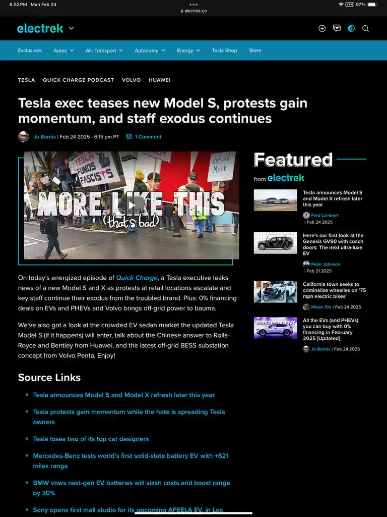 An image from an Electrek article shows protesters holding signs like 'TESLA FUNDS FASCISTS' and 'defund Musk' outside a…