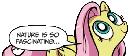 A cartoon pony with yellow skin, pink mane, and cyan eyes looks upward with a dreamy expression. A speech bubble next to her…