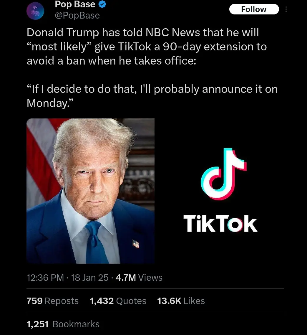 A screenshot of a tweet from PopBase shows a photo of Donald Trump looking stern, next to the TikTok logo. The tweet text…