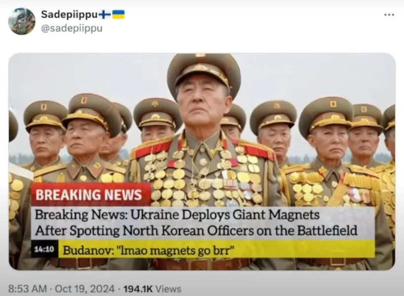 A photo of North Korean military officers in uniform, heavily decorated with medals, overlaid with a fake news banner that…