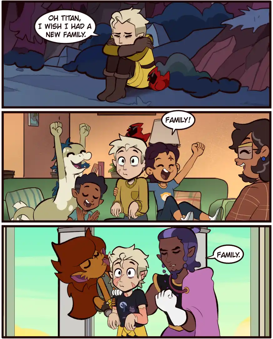 A three-panel comic strip from 'The Owl House' shows a character wishing for a new family, then being joyfully welcomed into…