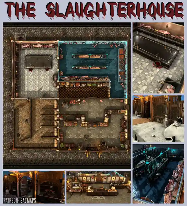 A collage of images showing a detailed, top-down map of a slaughterhouse with hanging meat, blood, and butchery tools…