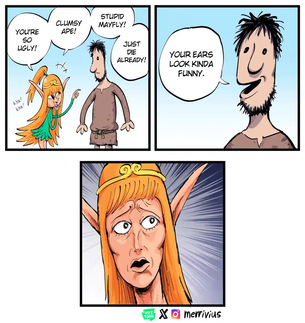 A three-panel comic strip shows a female elf aggressively insulting a male character with phrases like 'you're so ugly!' and…
