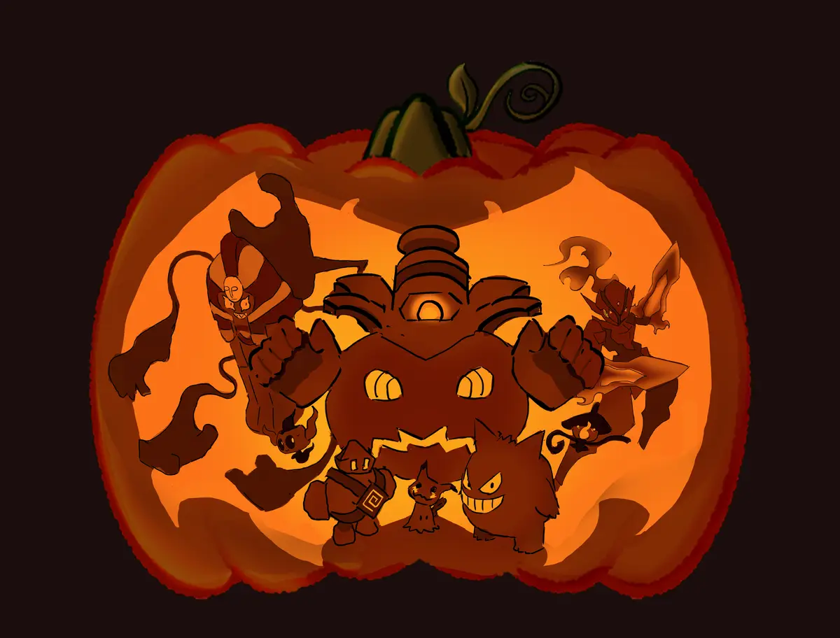 A carved Halloween pumpkin with a glowing orange interior, featuring several dark, cartoonish creatures including a large…