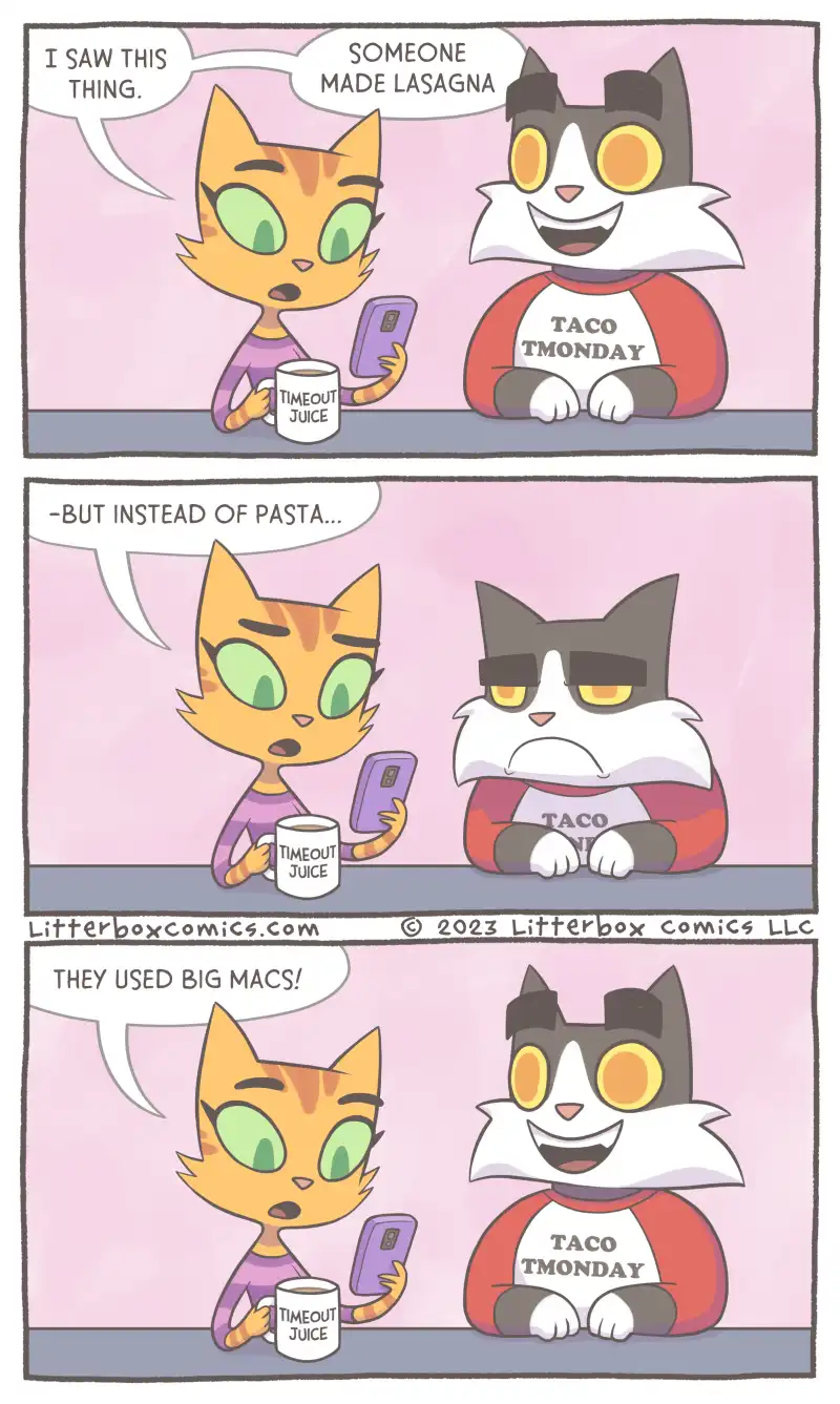 A three-panel comic featuring two cartoon cats. In the first panel, an orange cat holding a phone and a mug labeled 'TIMEOUT…