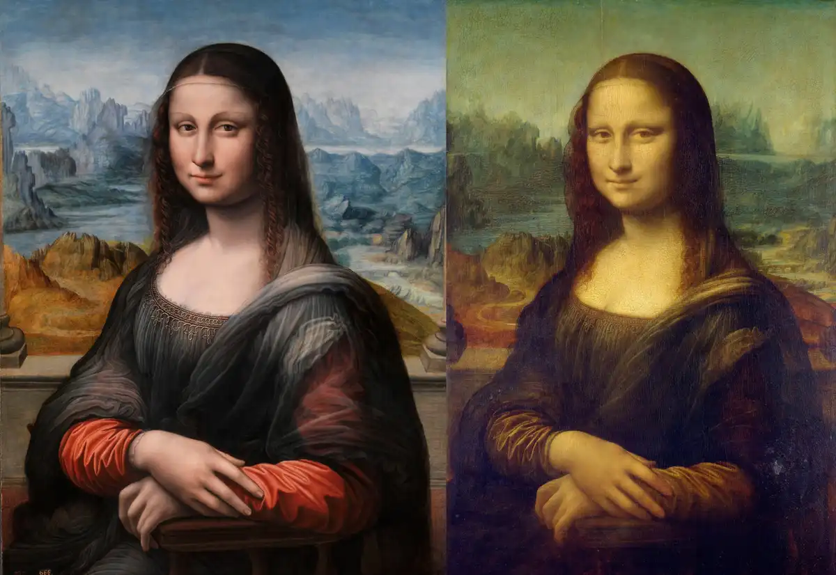 The image displays two side-by-side portraits of the Mona Lisa. The left portrait shows her with a neutral, serious…