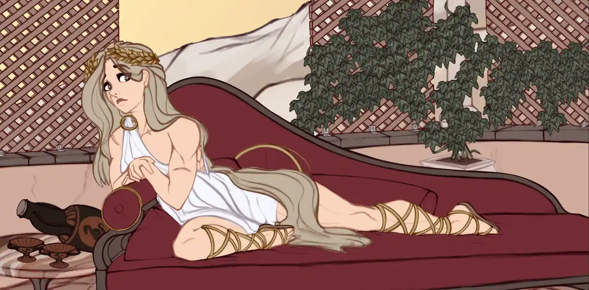 A cartoon woman with long blonde hair, wearing a white toga and golden sandals, lies on a red couch in a classical setting…
