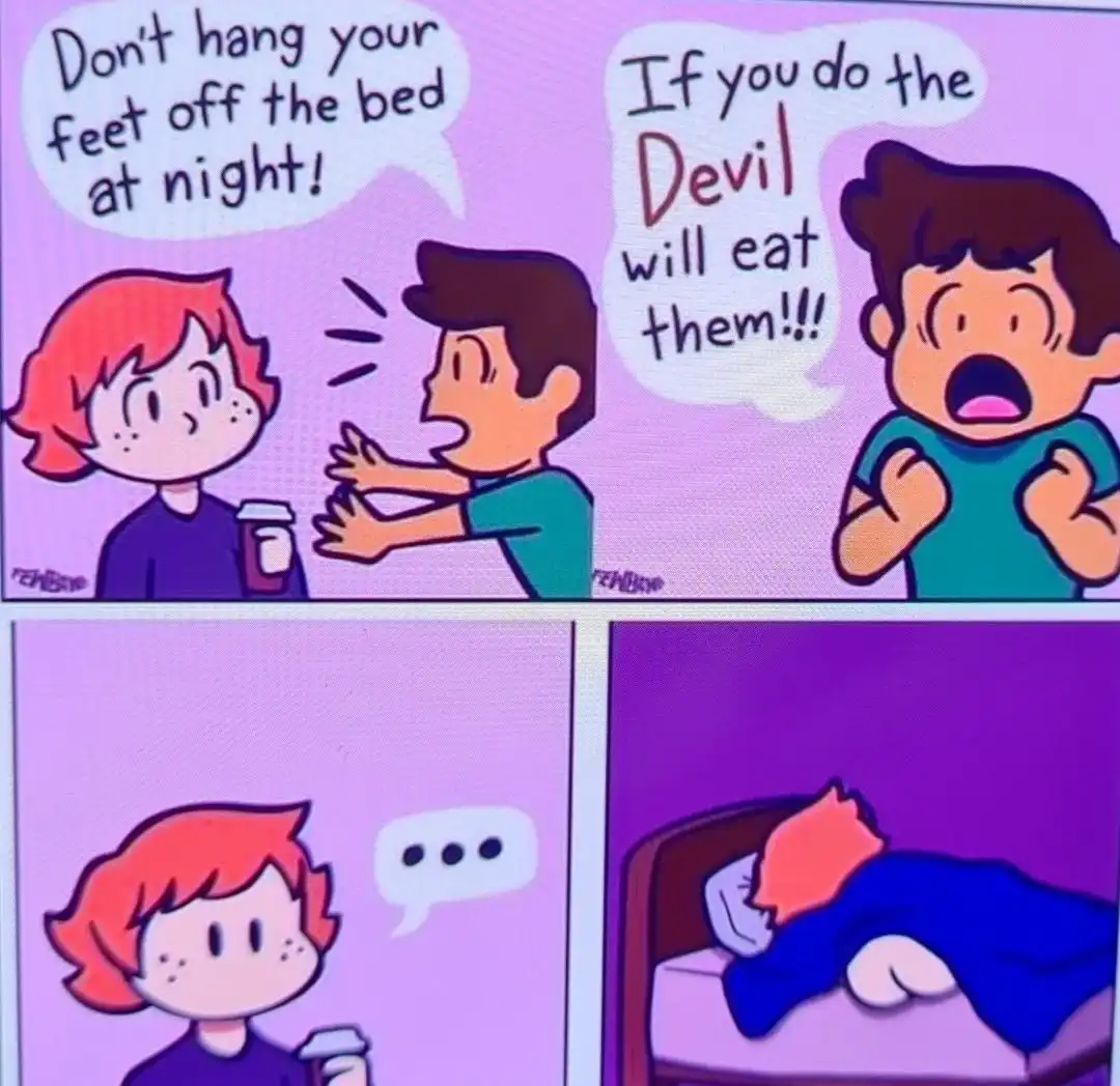 A four-panel comic strip shows a child warning another child not to hang their feet off the bed at night, fearing the devil…
