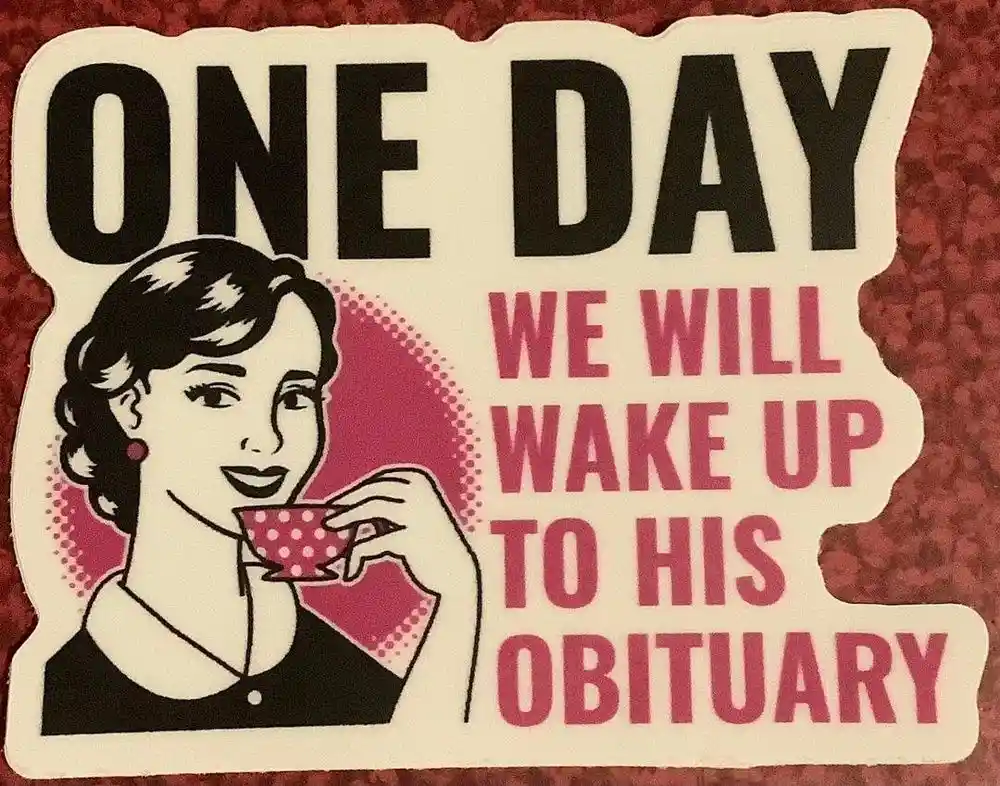 A vintage-style sticker features a smiling woman in a black dress and red earrings, holding a pink polka-dotted teacup. Bold…