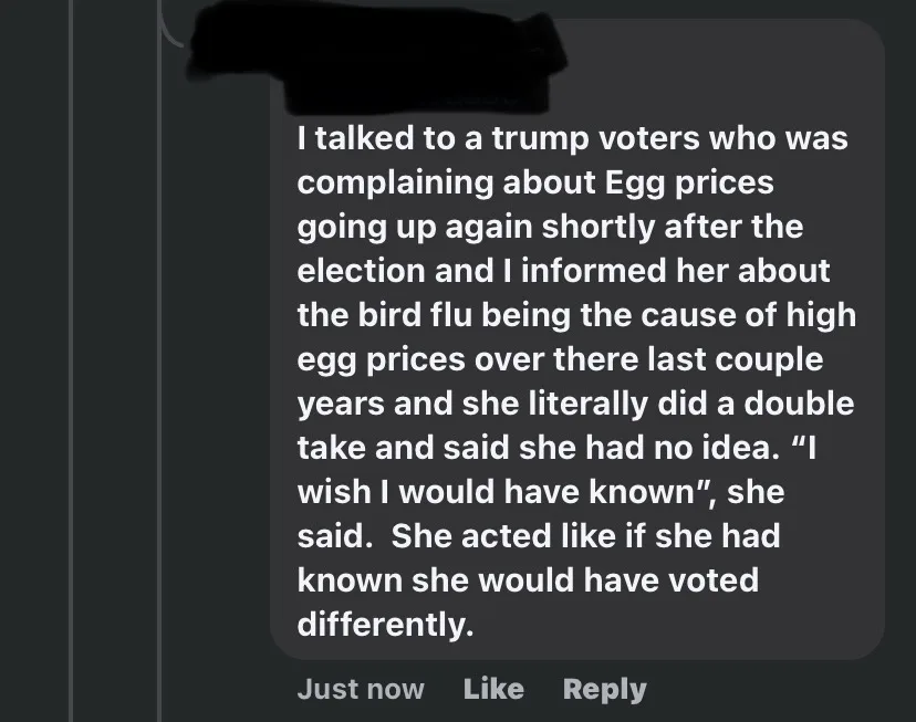 A screenshot of a social media comment with white text on a dark background, describing a conversation where a Trump voter…