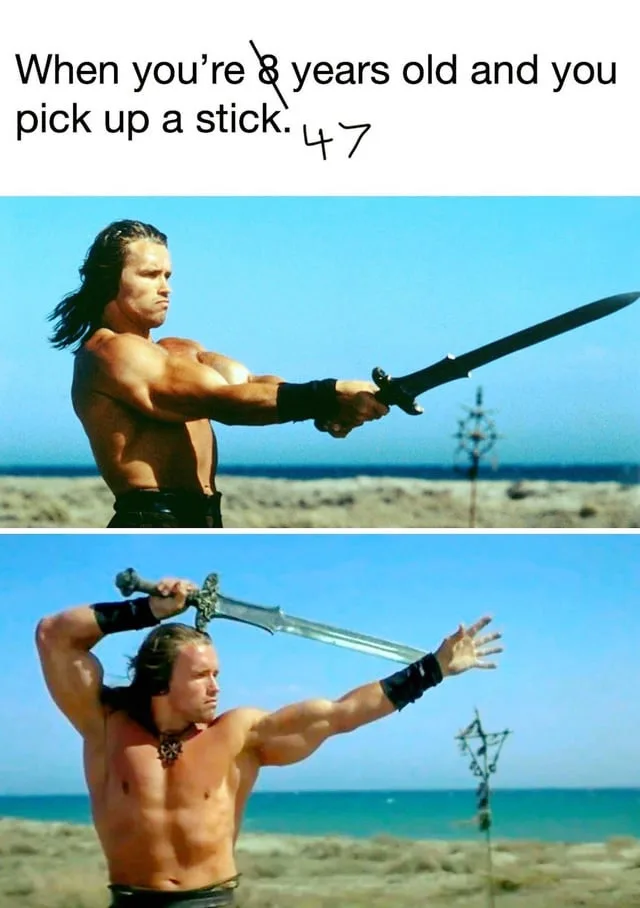 The image is a two-panel meme featuring a muscular man with long hair, shirtless, holding a sword in a heroic pose on a…