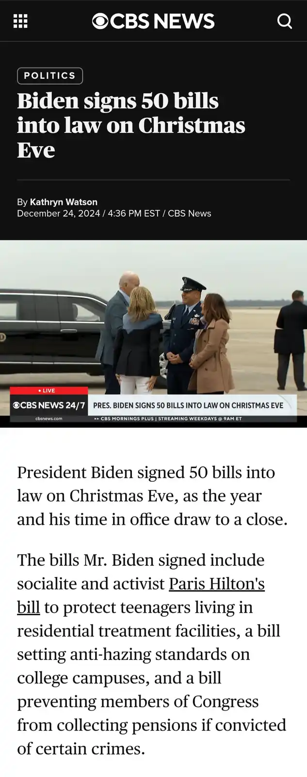 A CBS News article screenshot shows President Biden signing 50 bills on Christmas Eve, with a photo of him and family on an…