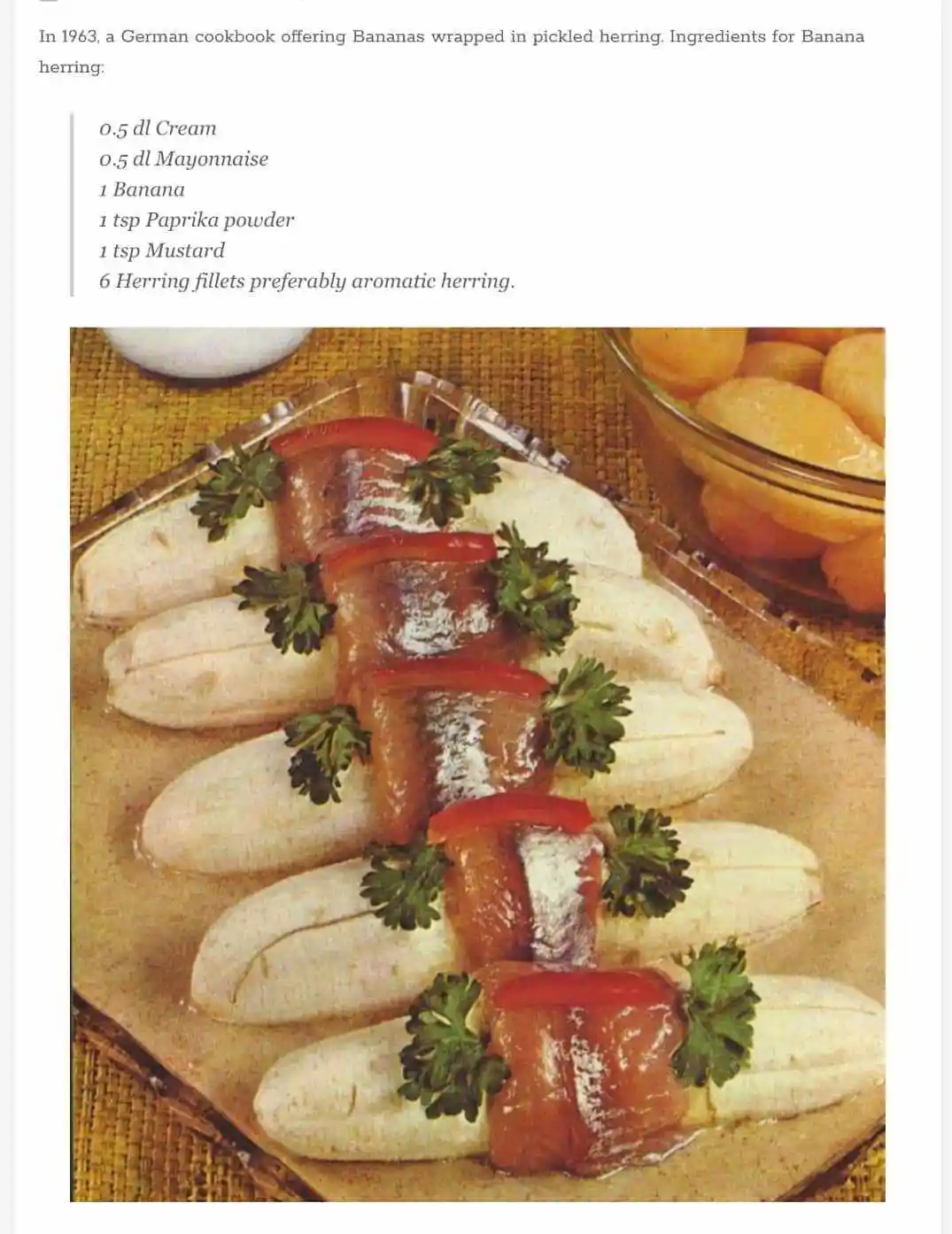 A vintage 1963 German cookbook page shows a recipe for 'Banana herring,' featuring sliced bananas wrapped in pickled herring…