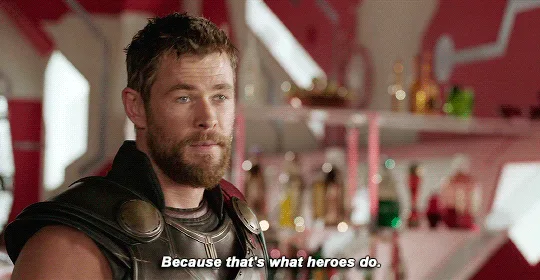 The image shows six panels of Thor from the movie Thor: Ragnarok, each with the same subtitle text 'Because that's what…