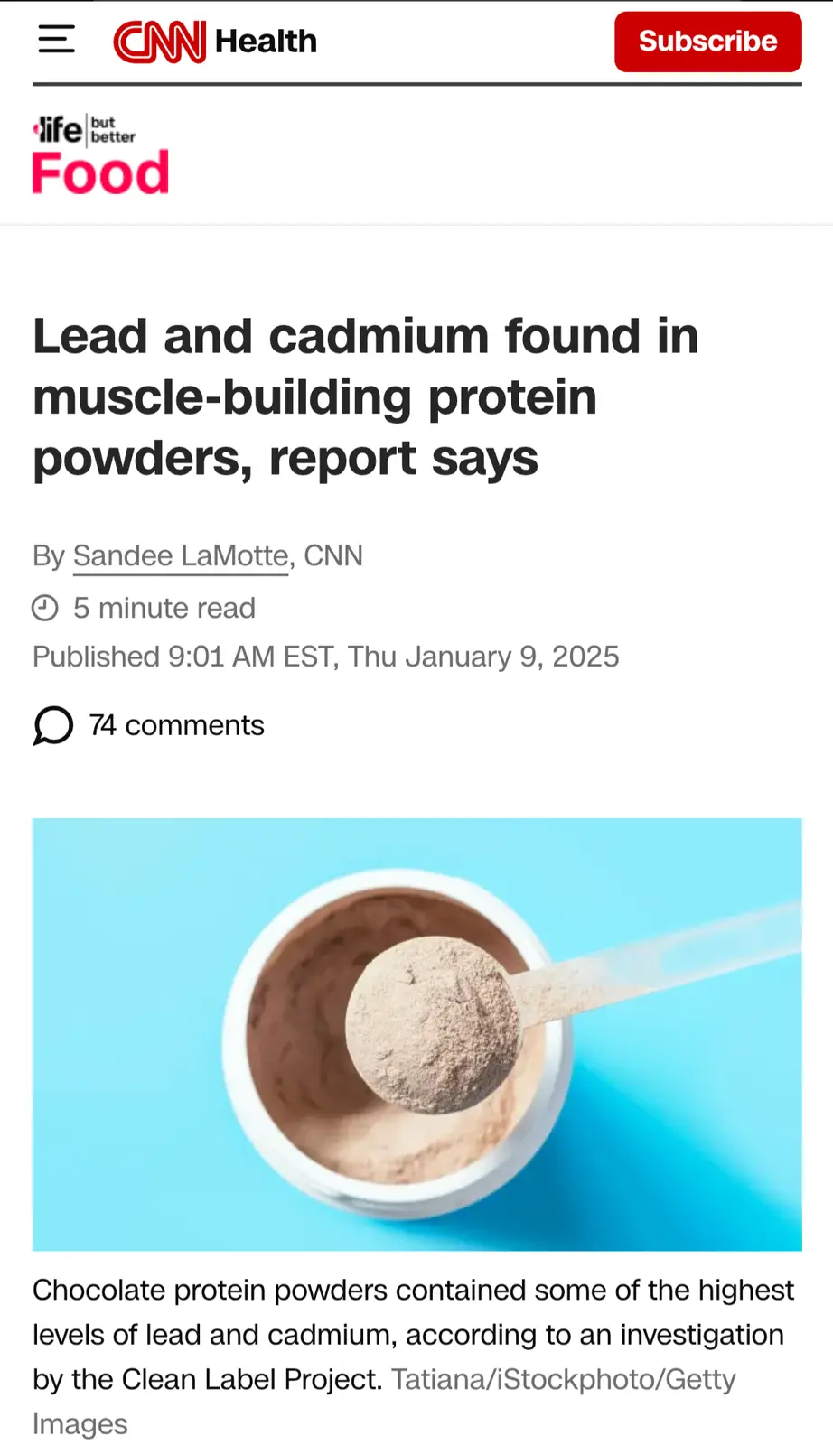 A screenshot of a CNN Health article titled 'Lead and cadmium found in muscle-building protein powders, report says' shows a…