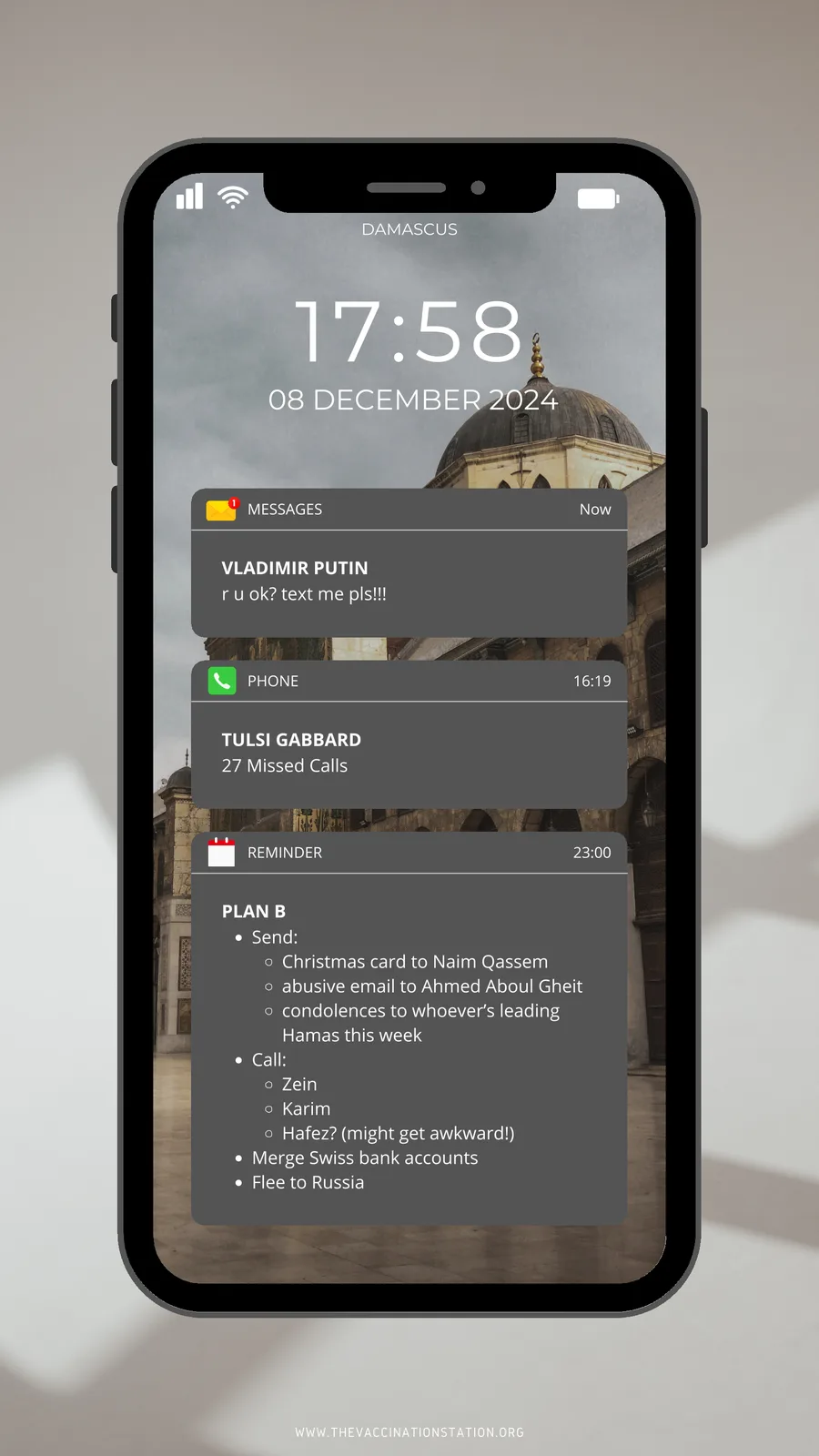 A smartphone lock screen shows a message from Vladimir Putin asking 'r u ok? text me pls!!!', 27 missed calls from Tulsi…